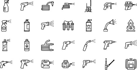Fototapeta premium Cleaning Spraying Equipment Icons Set - Line Art Vector Graphics
