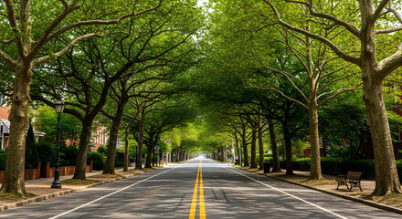 a street lined with trees and benches