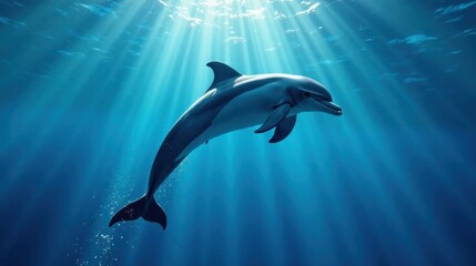Fototapeta premium Graceful Dolphin Leaps Through Sunlit Ocean Depths, A Symphony of Blue and Light