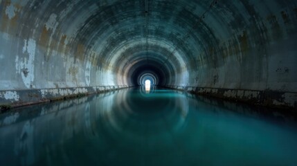 Fototapeta premium Submerged Tunnel's Enigmatic Light at the End of a Dark, Water-Filled Passageway
