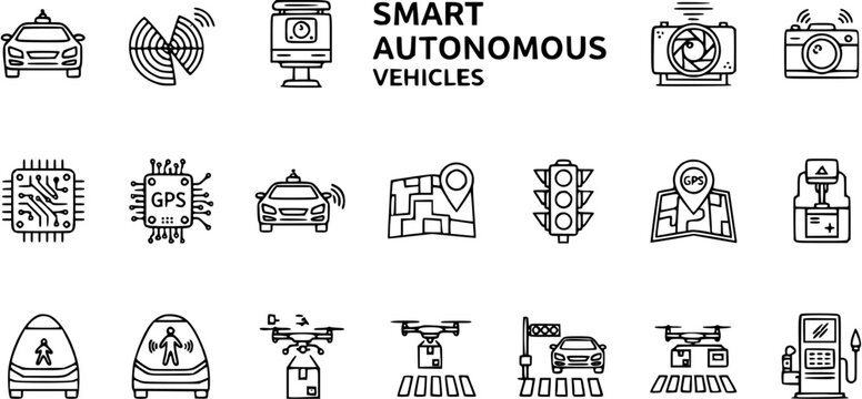 Smart Autonomous Vehicles Technology Line Icons Set