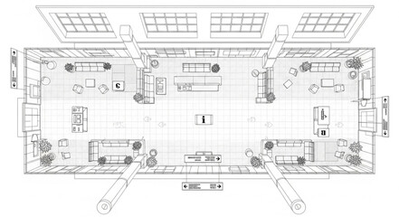 Architectural blueprint of a modern building showcasing interior and exterior design elements.