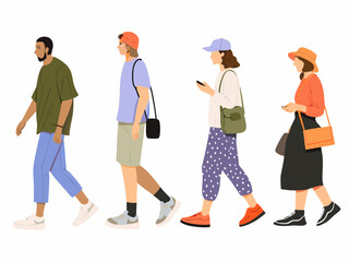 Fototapeta premium Four people walking in a line depicted in a minimalist vector style