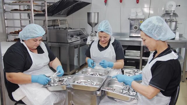 Workers Processing Sprat Fish In Food Production Facility