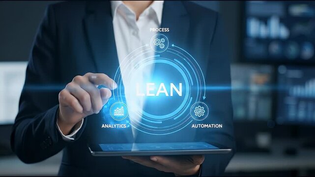 Close-up of a professional presenting a glowing circular interface labeled lean surrounded by process, analytics and automation icons, dark corporate background with shallow depth of field and slow ci