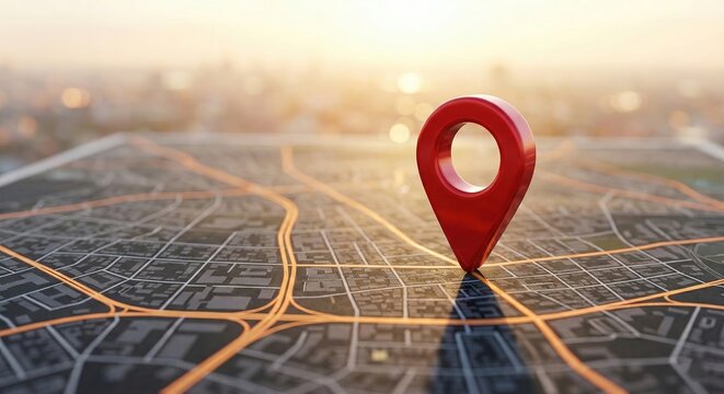 Red Location Pin Marker On City Map Navigation Crossroads Highway Intersection With Blurred Background Sunrise Golden Hour Sunlight.