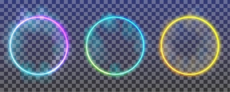 PNG Glowing Neon Circle Frames Set: Cyberpunk Blue, Green, and Yellow LED Rings on Transparent Background