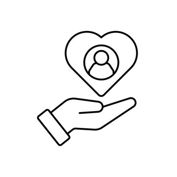 icon a user adoption with hand holding a heart profile, isolated against a clean background.