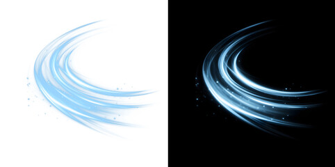 Fototapeta premium Blue Wind Swirl Crescent Light Trail, Transparent and Black Background Versions