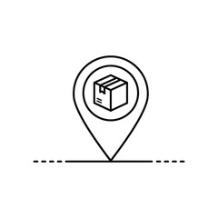 Obraz premium Package icon inside a location pin with a dashed line, symbolizing delivery tracking and destination pinpointing.