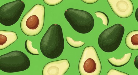 Avocado Fruits and Halves on Green Background.