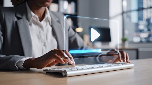 Medium close-up of a professional seated at a desk tapping a transparent video player interface with a play icon hovering above a keyboard, subtle finger interaction as the progress bar highlights, sl