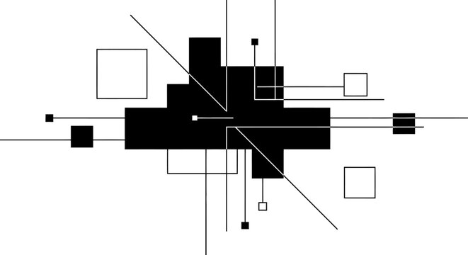 Abstract geometric black lines and squares connecting network on isolated white background