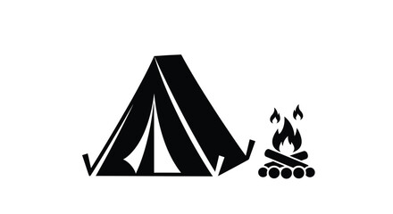Camping scene featuring a tent and campfire stark black silhouette © MdGolam