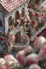 Obraz premium Miniature ornate building facade adorned with climbing pink roses and lush greenery