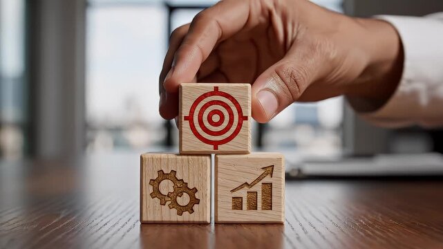 Close-up of a hand carefully placing a wooden block with a target icon on top of stacked cubes featuring business symbols, subtle finger movement as the block aligns, static tabletop framing with slow