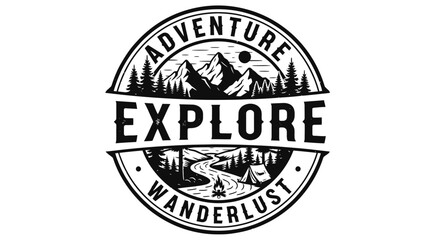 Obraz premium Vintage style adventure and outdoor exploration logo with mountains, forest, campfire, and river, promoting wanderlust on an isolated white background.
