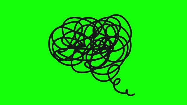 Animated tangled scribble loop on green screen background. Chroma key. Visual metaphor for confusion, anxiety, complicated thoughts, or mental health struggles. For video editing, educational content.