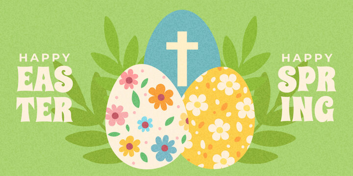 Happy Easter banner with decorated eggs. Textured grainy banner. Easter eggs painted with flowers and petals. Egg with Christian cross.