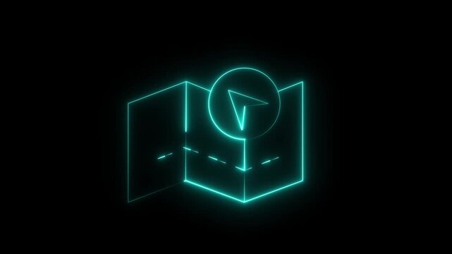 Abstract turquoise neon map and compass pin animation with futuristic glowing lines on a black background, perfect for travel or technology concepts