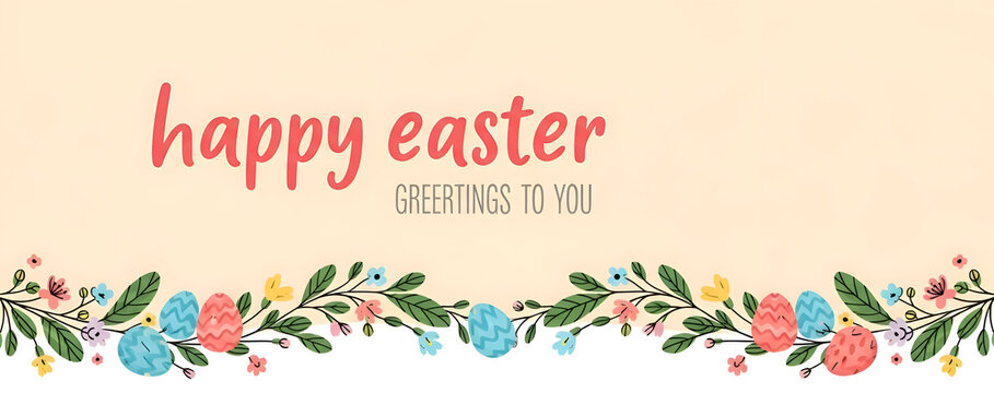 Festive Easter greeting with floral border and pastel background, digital art illustration for spring celebrations and seasonal designs.