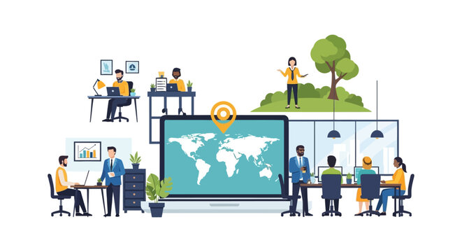 Global Business Collaboration and Remote Teamwork Illustration with Diverse Workforce and World Map