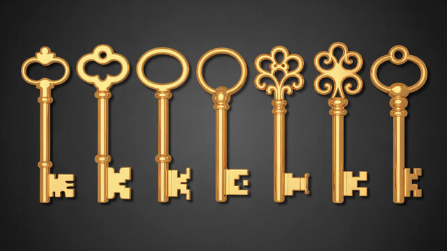 Collection of seven ornate antique golden keys with decorative bow and bit designs Keywords: antique, key, golden