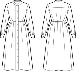 Women long sleeve button down maxi dress technical flat sketch, front and back view, fashion vector
