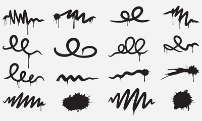 Obraz premium Collection of black graffiti spray paint drip elements and ink splatters on white background vector