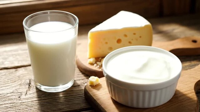 A glass of milk and a bowl of yogurt beside a wedge of cheese on a wooden cutting board in a rustic setting with warm natural light.