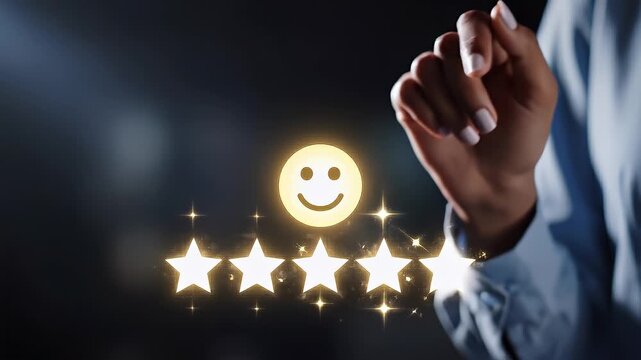 Close-up of a person selecting a smiling face token positioned above a row of neutral and sad icons, five glowing stars appearing beneath the selected token, minimal hand movement with steady framing,