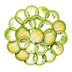 Pile of sliced green Brussels sprouts rings and whole sprouts