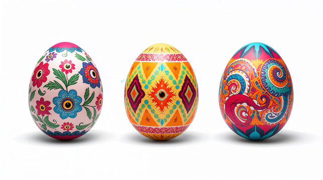 Tre uova di Pasqua decorate con motivi floreali e disegni geometrici colorati  su sfondo bianco. Generative AI 
