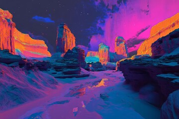 Fototapeta premium Vibrant neon desert landscape with colorful rock formations