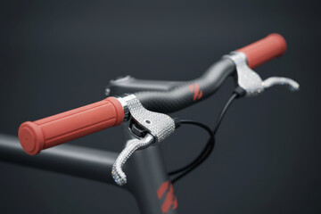 Bicycle handlebar with red rubber grips and silver brake levers on dark background, 3d render illustration for cycling sport equipment, bike parts shop and active lifestyle design concepts
