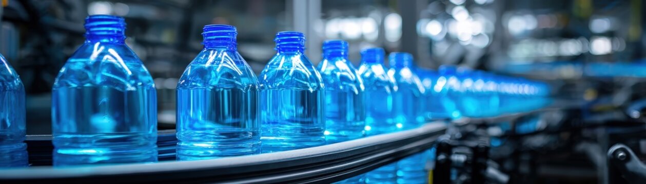 A production line of clear plastic water bottles filled with water, moving through a modern bottling plant under bright industrial lighting.