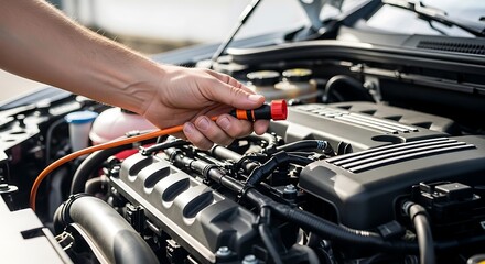 A mechanic's hand holding a spark plug wire near a car engine