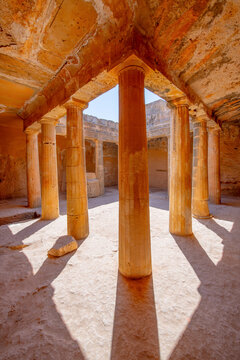 Tombs of the Kings, historical grave necropolis with ancient stone ruins and caves, cyprian archaeological site at scenic sea coast and old tourist landmark attraction, Paphos, Cyprus, Europe.