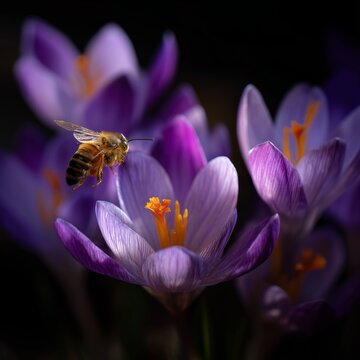 Bee Pollinating Purple Crocus - Close-Up Nature Shot