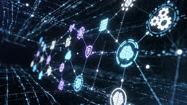 Glowing web of interconnected technology icons representing a dynamic tech ecosystem in digital spaces concept as A glowing web of interconnected technology icons symbolizes a dynamic tech ecosystem i