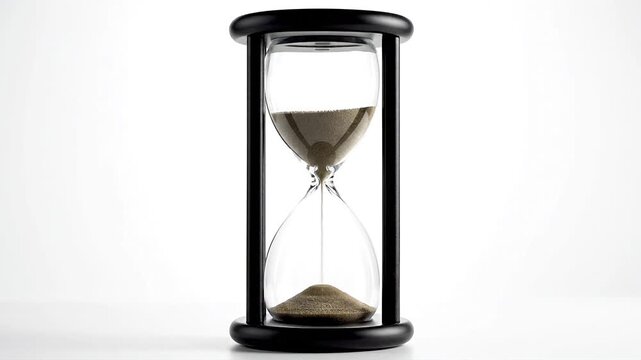 Elegant black hourglass measuring time on white background