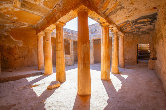 Tombs of the Kings, historical grave necropolis with ancient stone ruins and caves, cyprian archaeological site at scenic sea coast and old tourist landmark attraction, Paphos, Cyprus, Europe.