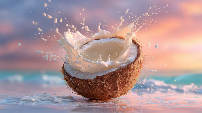 Dynamic coconut milk splash in a cracked coconut shell on a tropical beach at sunset