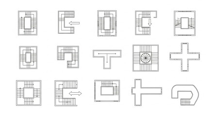 Architectural floor plans and building layouts in black and white, various designs.