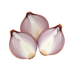 Three halves of red onion isolated on white