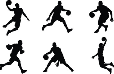 Set of basketball player silhouettes dribbling and jumping isolated on white background, black athlete illustration collection for sport, training and competition design © Shahariar's World