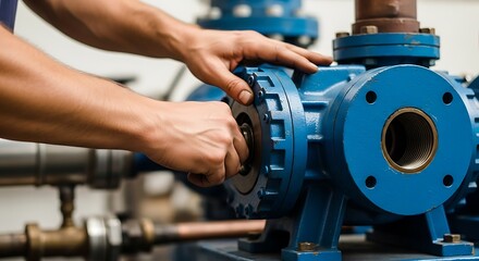Obraz premium A person adjusting a large blue industrial valve with a gear in a mechanical room