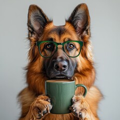 Adorable animal wearing glasses, holding mug, dressed in cozy sweater, sitting against soft background, showcasing whimsical and charming personality in playful indoor setting. atmosphere of comfort