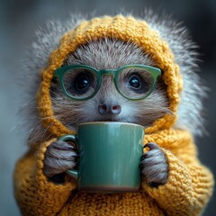 Adorable animal wearing glasses, holding mug, dressed in cozy sweater, sitting against soft background, showcasing whimsical and charming personality in playful indoor setting. atmosphere of comfort