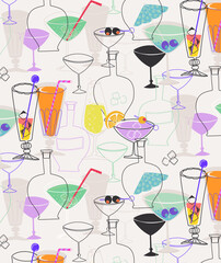 Motif illustr&eacute; de verres et carafes pour des cocktails color&eacute;s